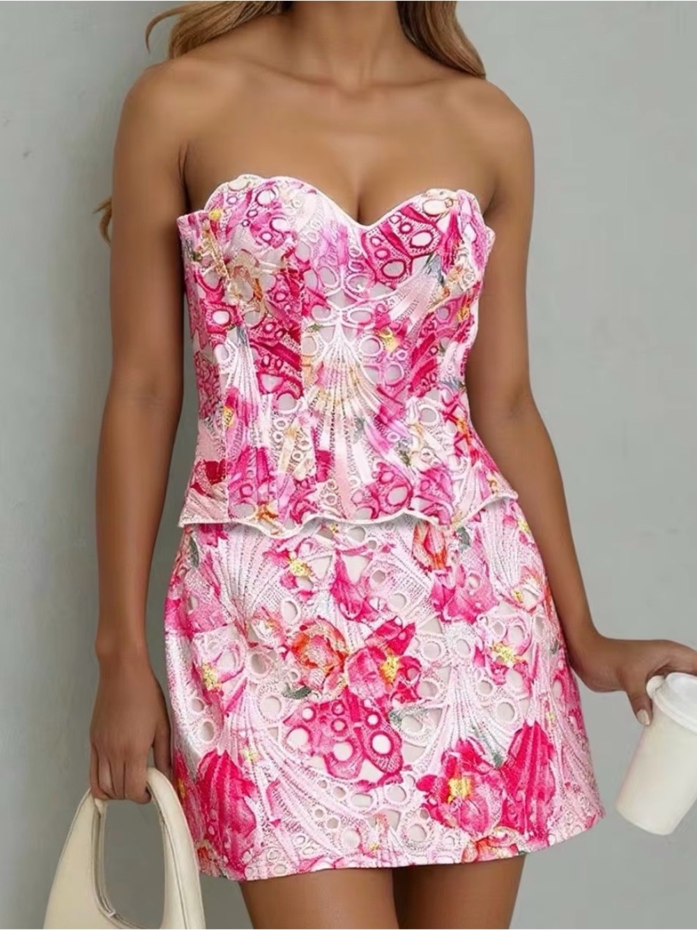 Strapless Pink Floral Lace Mini Dress